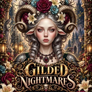 May include: A grayscale colouring book titled Gilded Nightmares by Dreamworldcoloring and Yvonne Meerstra. The cover features a central figure with large ram horns, grey hair, and a floral crown with skulls, surrounded by roses and lilies.