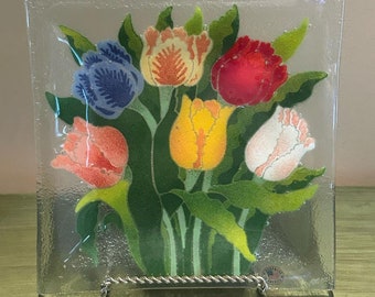 Peggy Karr Fusing Glass Tulip Plate signiert