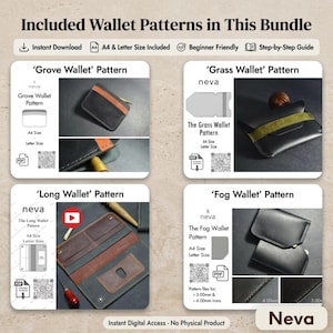 Puede incluir: Un paquete de descarga digital de patrones de carteras, que incluye dise&ntilde;os 'Grove', 'Grass', 'Long' y 'Fog'. Cada patr&oacute;n est&aacute; disponible en tama&ntilde;os A4 y Carta, con gu&iacute;as paso a paso para principiantes. La imagen muestra ejemplos de carteras terminadas.
