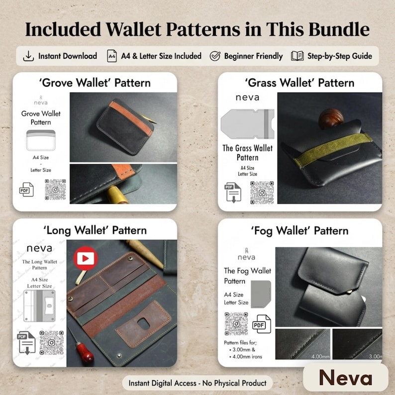 Puede incluir: Un paquete de descarga digital de patrones de carteras, que incluye dise&ntilde;os 'Grove', 'Grass', 'Long' y 'Fog'. Cada patr&oacute;n est&aacute; disponible en tama&ntilde;os A4 y Carta, con gu&iacute;as paso a paso para principiantes. La imagen muestra ejemplos de carteras terminadas.