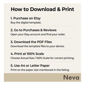 Puede incluir: Un gr&aacute;fico blanco con instrucciones sobre c&oacute;mo descargar e imprimir una plantilla digital comprada en Etsy. Los pasos incluyen la compra, ir a compras y rese&ntilde;as, descargar archivos PDF, imprimir a escala del 100% y usar papel A4 o Carta. El nombre "Neva" est&aacute; en la parte inferior.