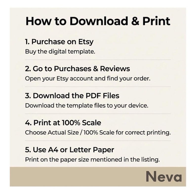 Puede incluir: Un gr&aacute;fico blanco con instrucciones sobre c&oacute;mo descargar e imprimir una plantilla digital comprada en Etsy. Los pasos incluyen la compra, ir a compras y rese&ntilde;as, descargar archivos PDF, imprimir a escala del 100% y usar papel A4 o Carta. El nombre "Neva" est&aacute; en la parte inferior.