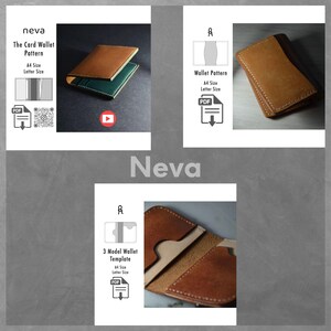 Puede incluir: Imagen que presenta patrones y plantillas de carteras de cuero. Las carteras se muestran en cuero marr&oacute;n y verde. El texto incluye "The Card Wallet Pattern", "Wallet Pattern" y "3 Model Wallet Template". Los patrones est&aacute;n disponibles en tama&ntilde;os A4 y Letter.