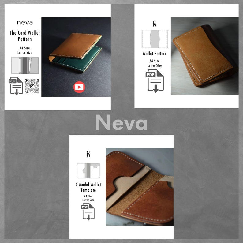 Puede incluir: Imagen que presenta patrones y plantillas de carteras de cuero. Las carteras se muestran en cuero marr&oacute;n y verde. El texto incluye "The Card Wallet Pattern", "Wallet Pattern" y "3 Model Wallet Template". Los patrones est&aacute;n disponibles en tama&ntilde;os A4 y Letter.