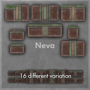 Puede incluir: Una colecci&oacute;n de carteras de cuero marr&oacute;n con detalles verdes, mostradas en varias configuraciones abiertas y cerradas. La palabra "Neva" est&aacute; impresa en el centro, con el texto "16 different variation" debajo.