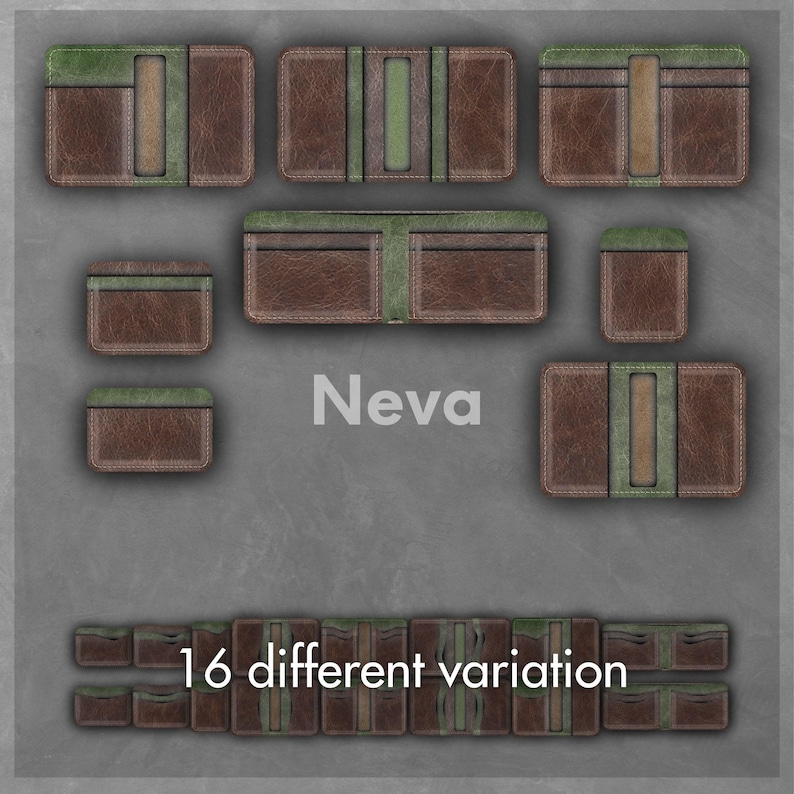 Puede incluir: Una colecci&oacute;n de carteras de cuero marr&oacute;n con detalles verdes, mostradas en varias configuraciones abiertas y cerradas. La palabra "Neva" est&aacute; impresa en el centro, con el texto "16 different variation" debajo.