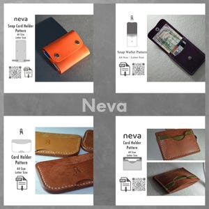 Puede incluir: Un collage de patrones de carteras y tarjeteros de cuero. Las carteras son de varios colores, incluyendo naranja, marr&oacute;n y morado. Se muestra el texto "neva", "Snap Card Holder Pattern" y "Card Holder Pattern".