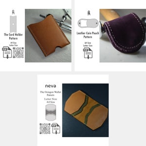 May include: A collection of leather goods patterns, including a card holder, coin pouch, and octagon wallet. The card holder is tan with white stitching. The coin pouch is purple. The octagon wallet is tan and olive green.