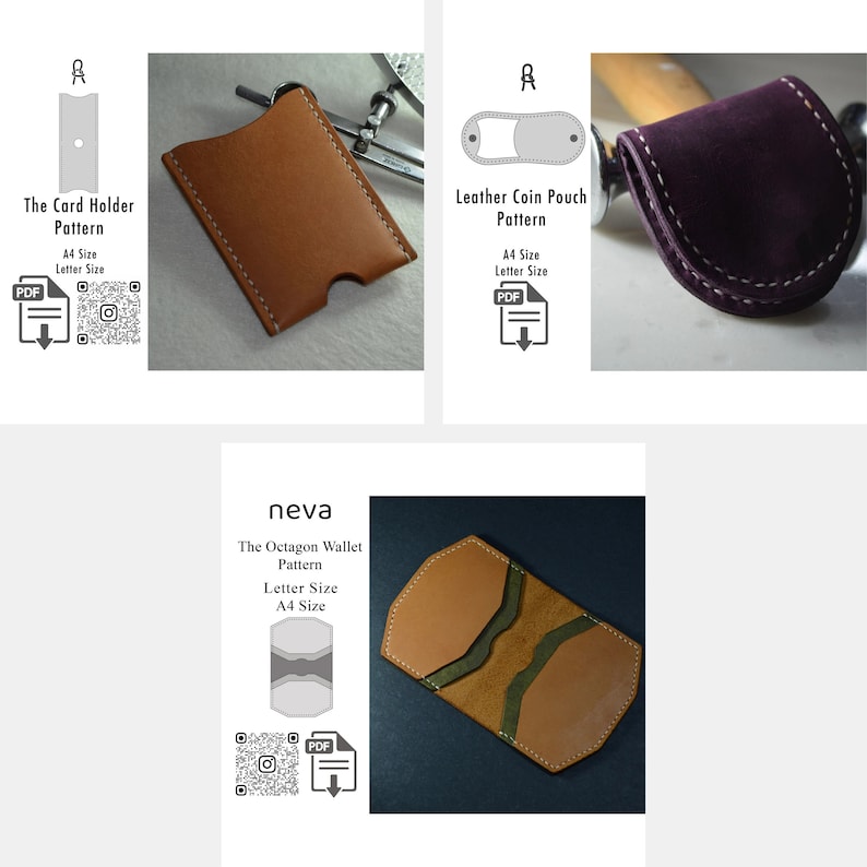 May include: A collection of leather goods patterns, including a card holder, coin pouch, and octagon wallet. The card holder is tan with white stitching. The coin pouch is purple. The octagon wallet is tan and olive green.