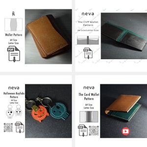 May include: A collection of leather craft patterns and finished products. The image includes a brown leather wallet, a dark green and brown wallet, and two Halloween-themed keychains. The text includes "Wallet Pattern", "The Cliff Wallet Pattern", "Halloween Keyfobs Pattern", and "The Card Wallet Pattern".