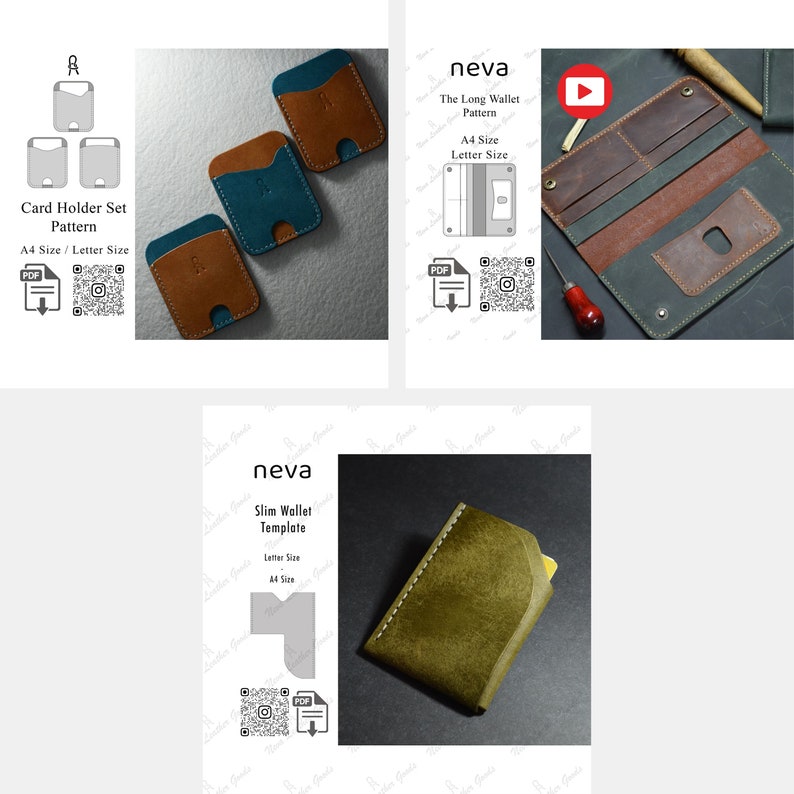May include: A collection of leather goods patterns, including card holders, long wallets, and slim wallets. The card holders are brown and teal. The long wallet is open, showing interior compartments. The slim wallet is olive green.