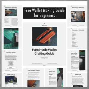 Puede incluir: Una gu&iacute;a titulada "Free Wallet Making Guide for Beginners" con el logo "neva". La gu&iacute;a incluye im&aacute;genes de herramientas de artesan&iacute;a en cuero y una billetera hecha a mano. Las p&aacute;ginas de la gu&iacute;a muestran los materiales necesarios, la construcci&oacute;n paso a paso y consejos.