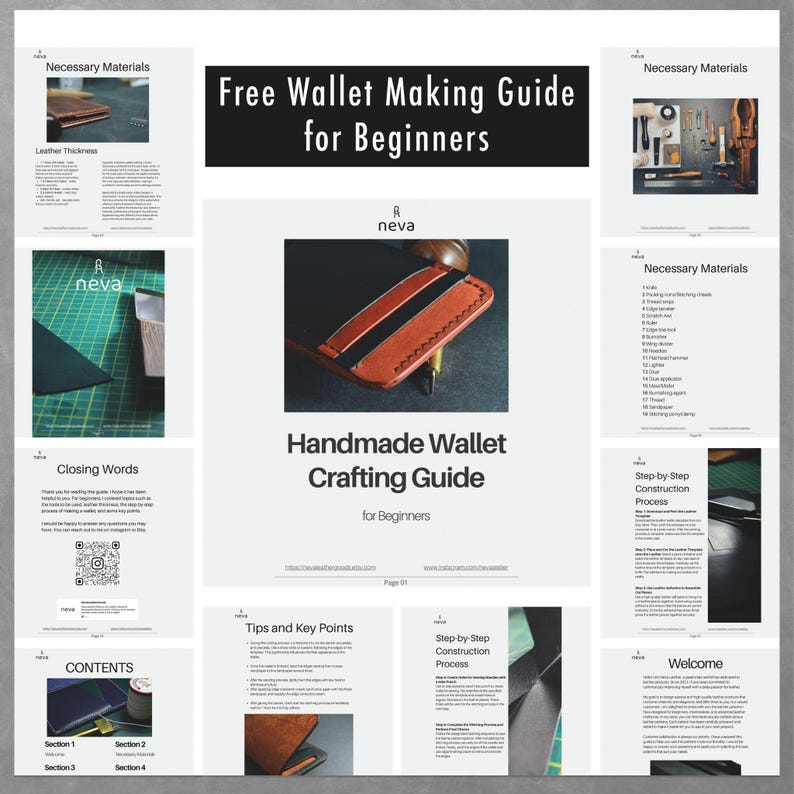 Puede incluir: Una gu&iacute;a titulada "Free Wallet Making Guide for Beginners" con el logo "neva". La gu&iacute;a incluye im&aacute;genes de herramientas de artesan&iacute;a en cuero y una billetera hecha a mano. Las p&aacute;ginas de la gu&iacute;a muestran los materiales necesarios, la construcci&oacute;n paso a paso y consejos.
