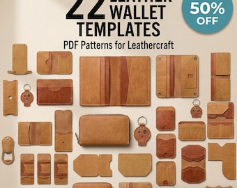 Pode incluir: Uma coleção de 22 modelos de carteiras de couro em vários designs, incluindo porta-cartões, carteiras e chaveiros. A imagem apresenta uma variedade de padrões de couro marrom e o texto "22 Leather Wallet Templates" e "PDF Patterns for Leathercraft".