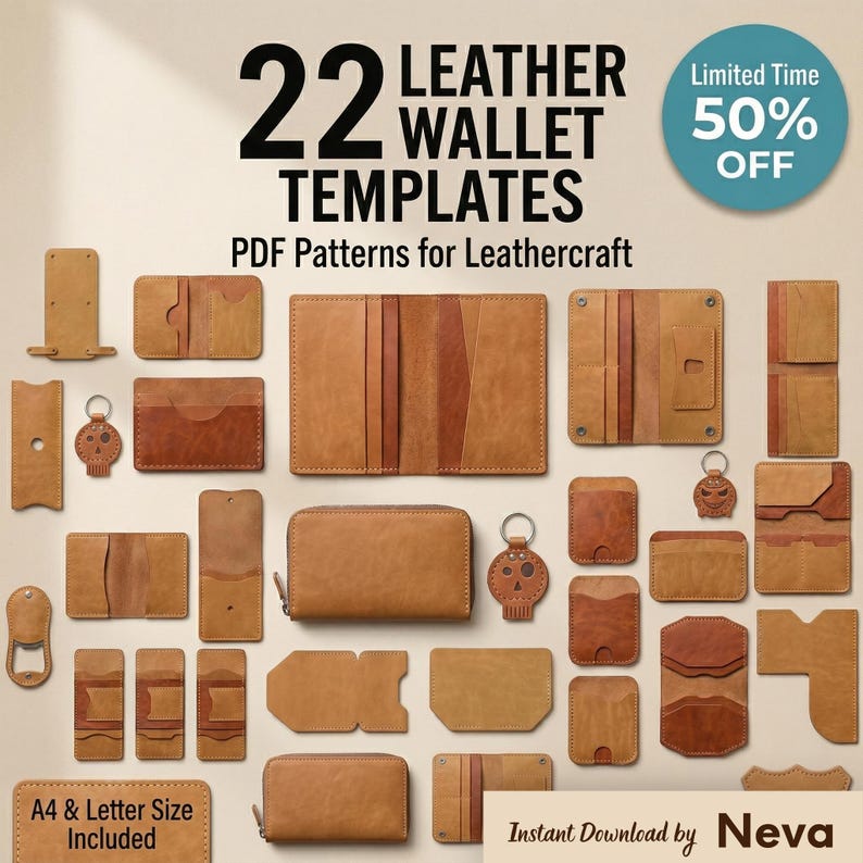 May include: A collection of 22 leather wallet templates in various designs, including cardholders, wallets, and keychains. The image features a variety of brown leather patterns and the text "22 Leather Wallet Templates" and "PDF Patterns for Leathercraft".