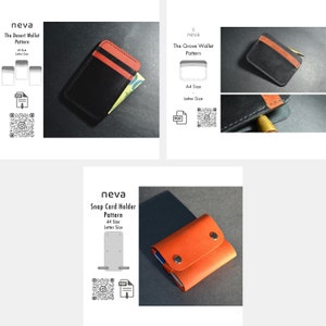 May include: A collection of leather wallet patterns. The image shows a black wallet with a red accent, a black and brown wallet, and an orange snap card holder. The text on the image reads "neva" and the names of the wallet patterns.