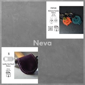 Puede incluir: Imagen que presenta una bolsa de monedas de cuero morado y llaveros tem&aacute;ticos de Halloween. Los llaveros incluyen dise&ntilde;os de calabaza y calavera. La imagen tambi&eacute;n muestra un patr&oacute;n para la bolsa de monedas y los llaveros, con el nombre "Neva".