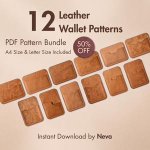 Op de afbeelding: Een digitale bundel met 12 patronen voor lederen portemonnees in diverse ontwerpen van bruin leer. De tekst luidt 12 Leather Wallet Patterns, PDF Pattern Bundle, A4 Size & Letter Size Included, 50% OFF en Instant Download by Neva.