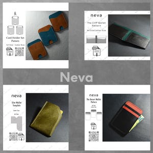 Puede incluir: Una colecci&oacute;n de patrones y plantillas de carteras de cuero. La imagen muestra varios dise&ntilde;os, incluyendo tarjeteros, carteras delgadas y una cartera plegable. Cada dise&ntilde;o va acompa&ntilde;ado de un icono de descarga PDF y un c&oacute;digo QR. Las carteras son en tonos marr&oacute;n, azul, verde y negro.