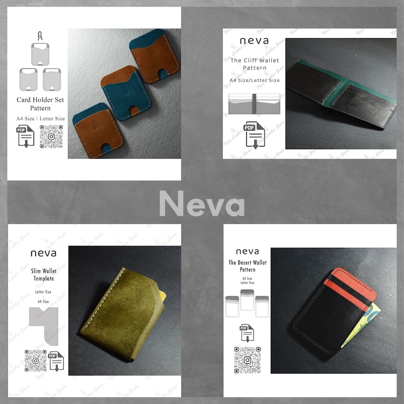 Puede incluir: Una colecci&oacute;n de patrones y plantillas de carteras de cuero. La imagen muestra varios dise&ntilde;os, incluyendo tarjeteros, carteras delgadas y una cartera plegable. Cada dise&ntilde;o va acompa&ntilde;ado de un icono de descarga PDF y un c&oacute;digo QR. Las carteras son en tonos marr&oacute;n, azul, verde y negro.