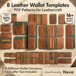 Set van 8 leren portemonnee-patroon voor beginners, patronen leren portemonnee, kaarthoudersjabloon, patroon compacte portemonnee, patroon slanke portemonnee,
