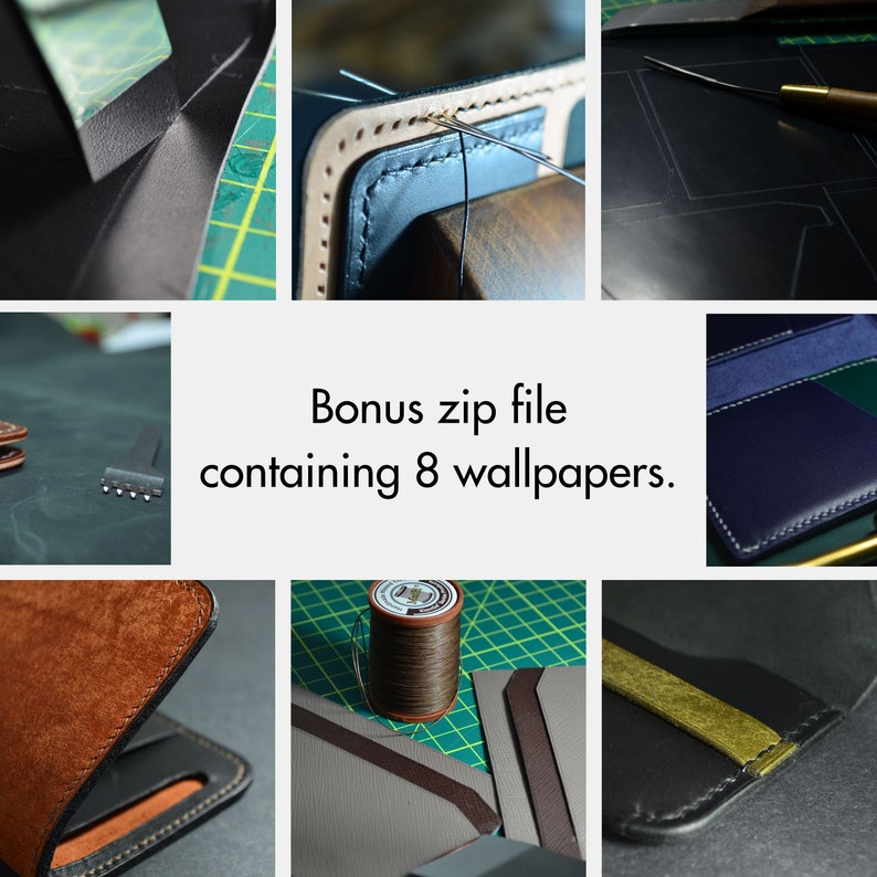 May include: A collage of images showcasing leathercrafting. The images include close-ups of stitched leather, tools, and materials. The text "Bonus zip file containing 8 wallpapers" is also visible.