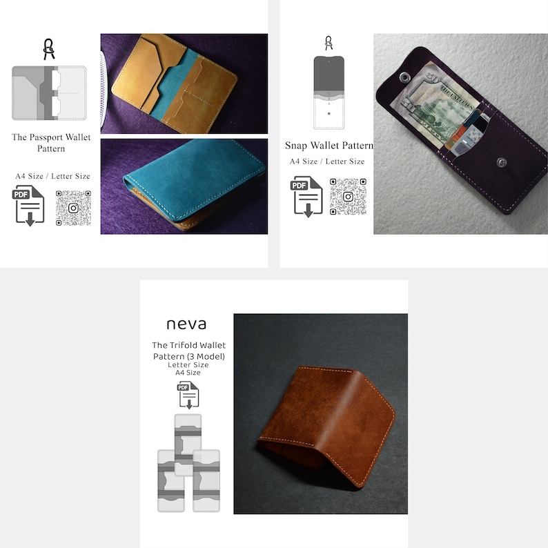 May include: Image featuring leather wallet patterns and a finished trifold wallet. The patterns include designs for a passport wallet and a snap wallet, with diagrams and text. The finished trifold wallet is brown and sits on a dark surface.
