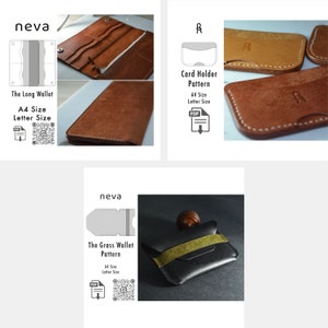 May include: A collection of leather wallet patterns, including a long wallet, card holder, and grass wallet. The long wallet is open, revealing interior compartments. The card holder and grass wallet are closed. The patterns are A4 size and letter size.