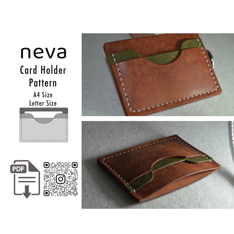 May include: A handmade brown leather card holder with olive green accents and white stitching. The image also shows a pattern for the card holder, with the text "neva Card Holder Pattern A4 Size Letter Size".