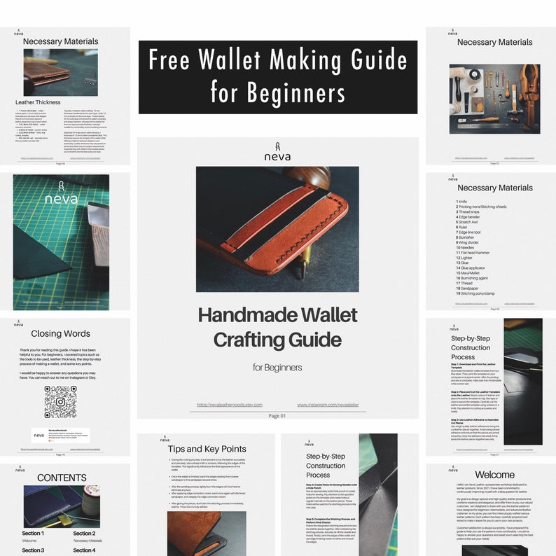 May include: A handmade wallet crafting guide for beginners. The image shows a partially constructed brown leather wallet with black accents, a metal tool, and various pages detailing necessary materials and construction steps.