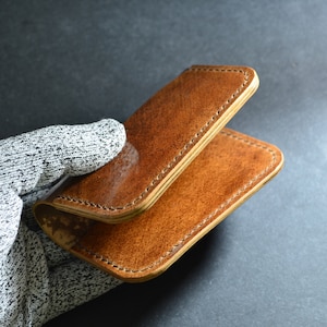 Cartera de piel cordobesa marrón, cartera plegable de piel, cartera de lujo, tarjetero hecho a mano