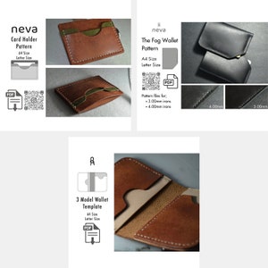 May include: Images showcasing leather wallet and card holder patterns. The patterns include the "Card Holder Pattern", "The Fog Wallet Pattern", and "3 Model Wallet Template". Each pattern is available in A4 and Letter sizes, with PDF downloads.