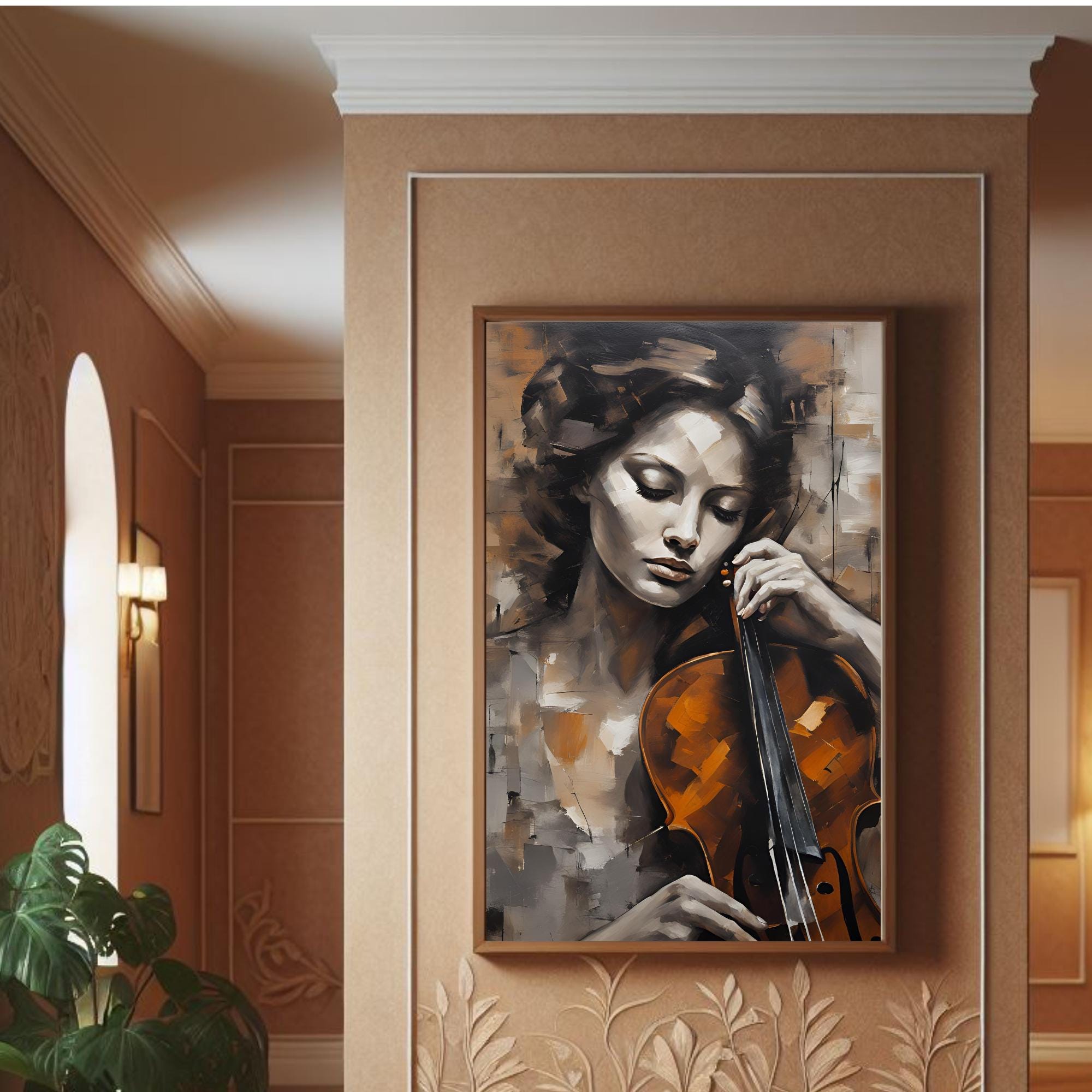 Oil Painting Woman Playing Cello Brown White Tone Wall Décor Printable ...