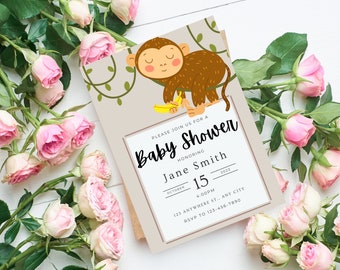 Beige ""Sleeping Monkey"" Baby Shower Einladungsvorlage - Bearbeitbar in Canva"