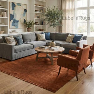 Handloom Rust Wool Rug | Solid Terracotta Fringe Carpet, Minimalist Handwoven Area Rug