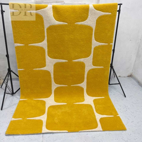 YELLOW RUG,  yellow and white rug, Modern Hand-Tufted 100% Wool Handmade Area Rugs  Minimalist Rug For Living Room, Office 5x8 10x14