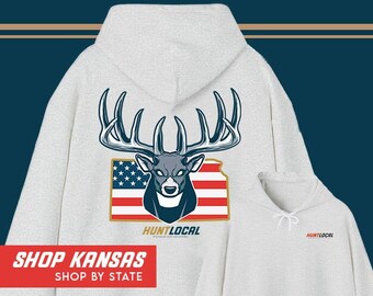 Kansas - USA Deer Hunting Hoodie, Men's Whitetail Buck Sweater, Women's Hunting Sweatshirt, Gifts for Hunters, Gifts for Dad, Husband Gift
