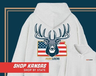Kansas - USA Deer Hunting Hoodie, Men's Whitetail Buck Sweater, Women's Hunting Sweatshirt, Gifts for Hunters, Gifts for Dad, Husband Gift