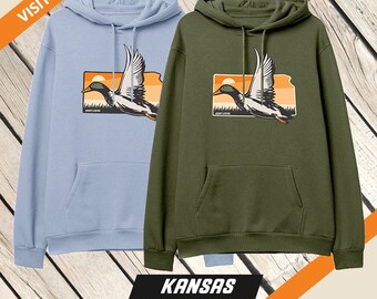 Kansas - Sunset Duck Hunting Hoodie, Waterfowl Hunt Sweatshirt, Men's, Women's, Duck Hunter Sweater, Gifts for Duck Hunters, Gifts for Dad