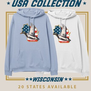 Wisconsin - USA Duck Hunting Hoodie, American Waterfowl Sweater, Men&#39;s, Women&#39;s, Hunting Sweatshirt Apparel, Gifts for Duck Hunters,