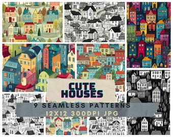 9 Digital Seamless Patterns for Wallpaper Fabric Design scrapbooking Collage. Cute little houses and streets for personal or commercial use