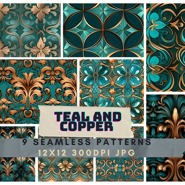 9 Seamless Digital Teal and Copper Patterns for Design Projects Commercial use Abstract Design Luxurious Colours