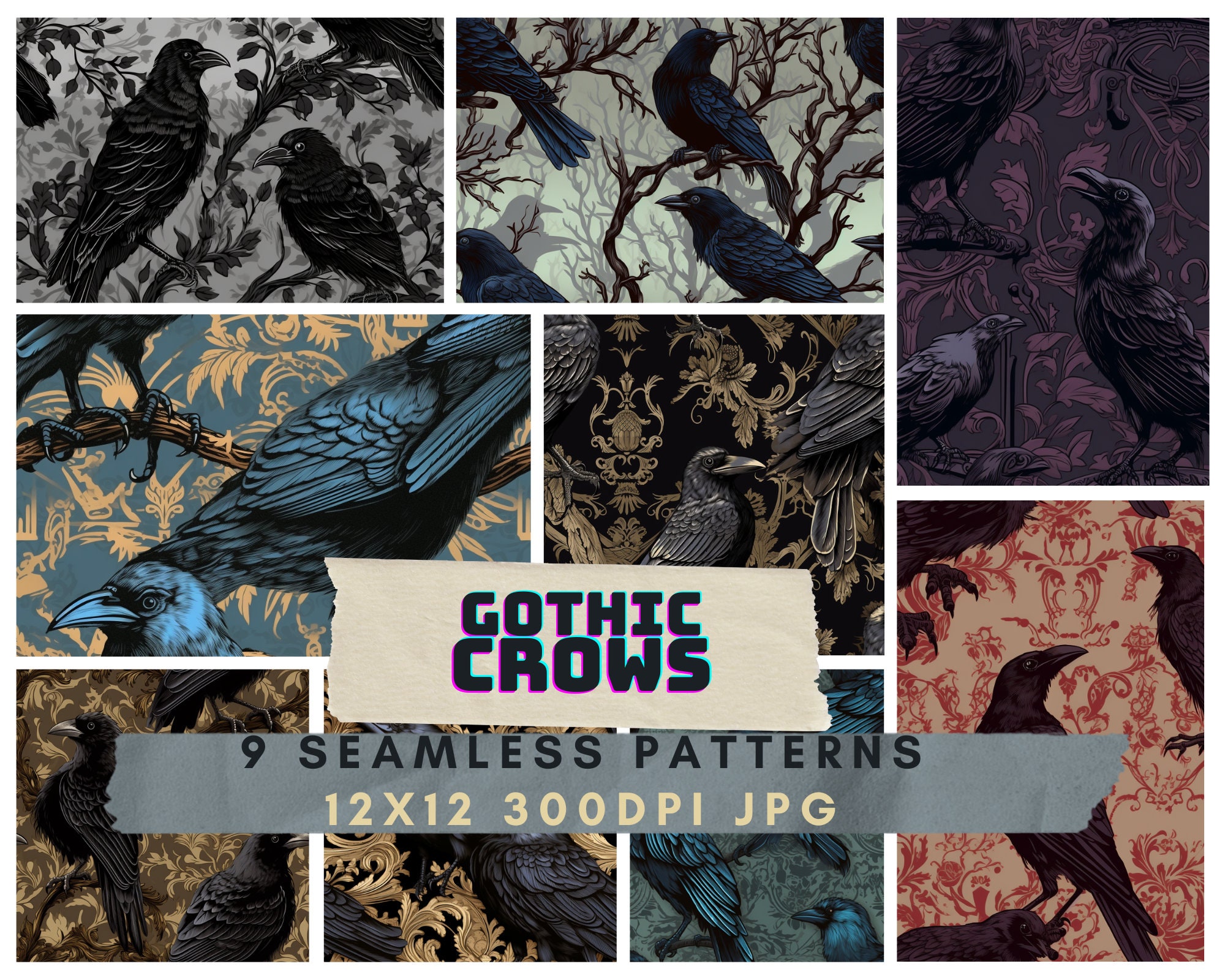 Crow Patterns 9 Seamless Digital Gothic Crow Patterns for Commercial Use Scrapbooking ...