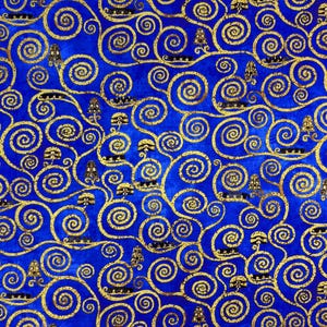 Kaufman Quilting Cotton Fabric: Blue Gold Swirls, Gustav Klimt Metallic