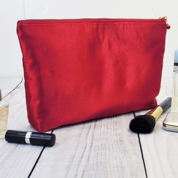 Berry Red Satin Luxury Large Cosmetic or Travel Bag or Evening Bag for Personal Items, Toiletries, Jewelry, Purse, 4 Interior Pockets