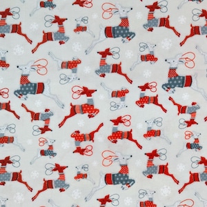May include: A repeating pattern of reindeer in red, gray, and white on a light gray background. The reindeer have antlers and are wearing sweaters with various patterns. Snowflakes are scattered throughout the design.