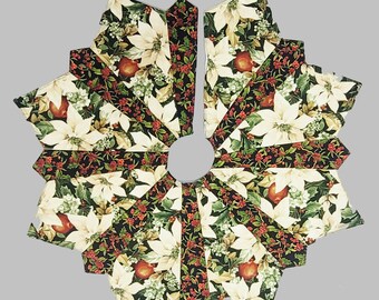 Poinsettias and Holly Mini Christmas Tree Skirt, 30", Lined, Quilted, Mini or Table Top Christmas Tree Skirt