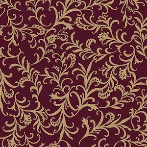 Puede incluir: Un patrón repetitivo con un fondo burdeos oscuro y un diseño floral dorado. Los elementos dorados tienen una apariencia texturizada y brillante, creando una estética lujosa y ornamentada. El diseño recuerda al papel pintado clásico.