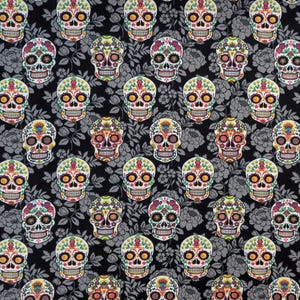 Decorative Skulls on Black Quilting Cotton, Sugar Skulls, Roses, Peonies, Vines, Day of the Dead, Halloween Decor, dia de los Meurtos