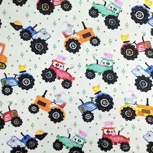 Bunte Traktoren Flanell Stoff: 100% Baumwolle Kinderzimmer Druck